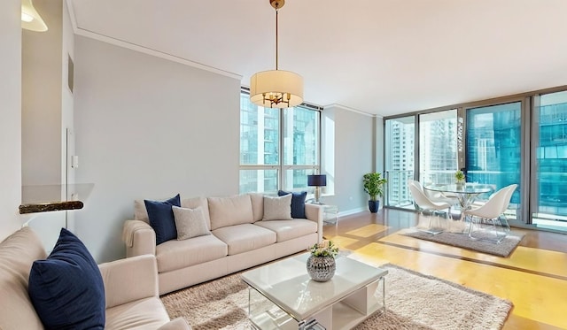 living room with expansive windows, a healthy amount of sunlight, baseboards, and wood finished floors