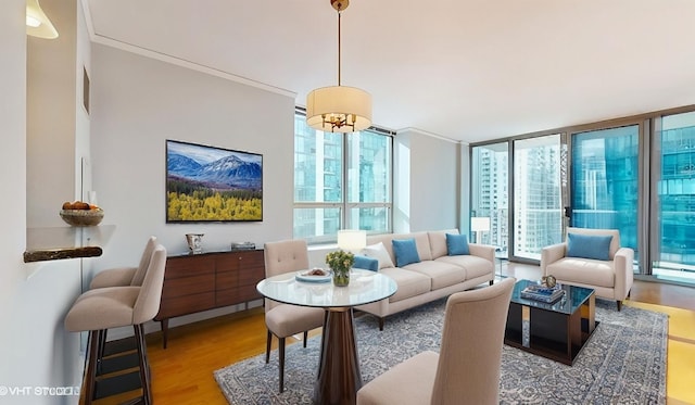 living room featuring expansive windows and wood finished floors