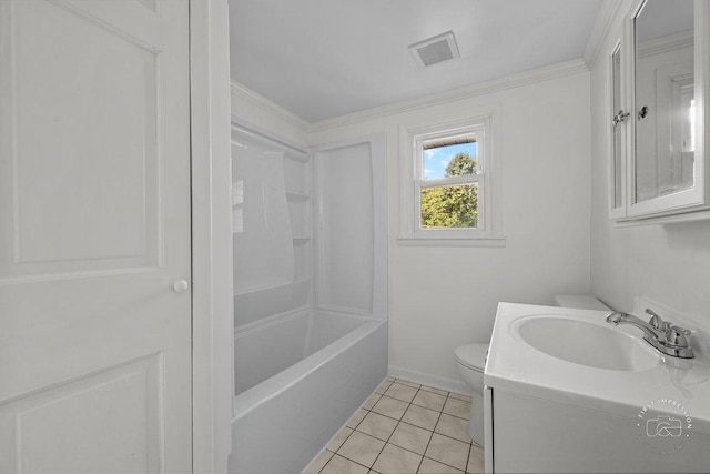 bathroom with visible vents, toilet, tile patterned flooring, crown molding, and vanity