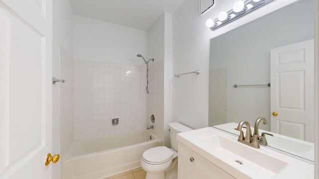 full bath with tile patterned floors, vanity, toilet, and shower / bathtub combination