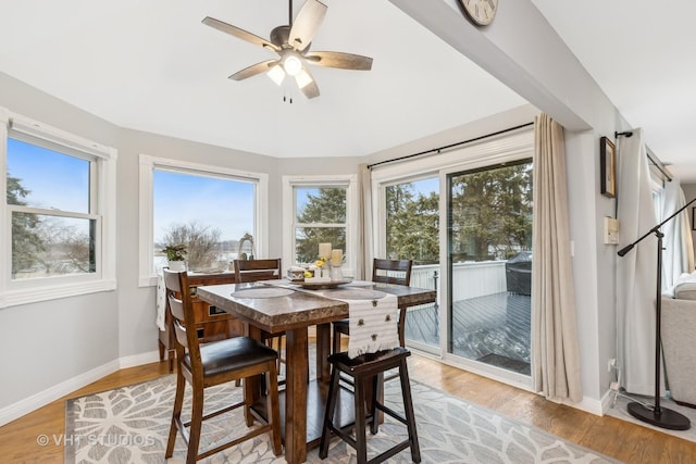 dining area with light wood finished floors, plenty of natural light, and baseboards