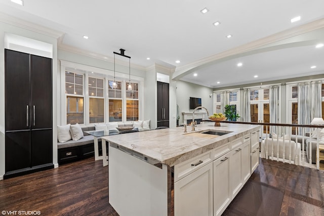 kitchen with open floor plan, dark wood-style flooring, light stone countertops, white cabinetry, and a sink