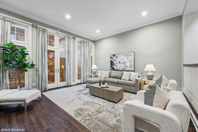 living room featuring french doors, recessed lighting, dark wood finished floors, and crown molding