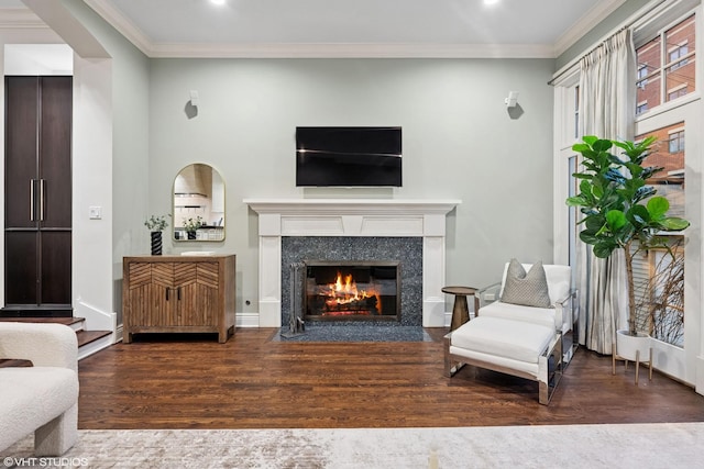 living area featuring ornamental molding, wood finished floors, a high end fireplace, and baseboards