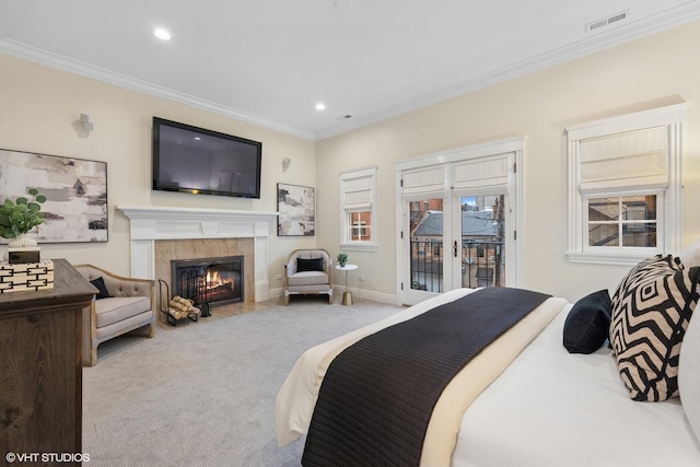 bedroom featuring recessed lighting, baseboards, access to exterior, ornamental molding, and carpet