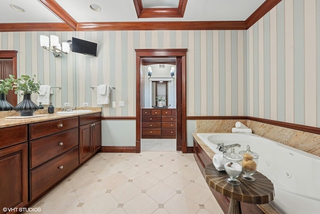 bathroom featuring ornamental molding, a whirlpool tub, baseboards, and wallpapered walls