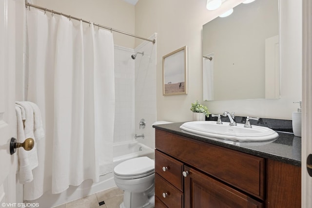 bathroom featuring toilet, shower / bathtub combination with curtain, tile patterned flooring, and vanity