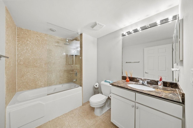 full bath with visible vents, toilet, tile patterned floors,  shower combination, and vanity