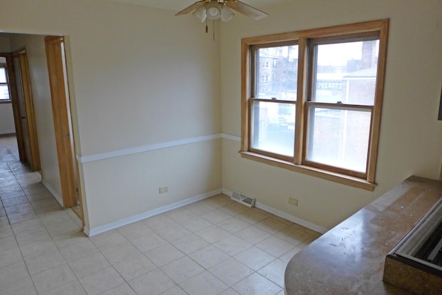 interior space with a ceiling fan, visible vents, and baseboards