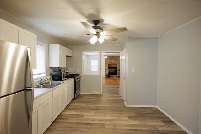 kitchen with light wood-style floors, plenty of natural light, appliances with stainless steel finishes, and a sink