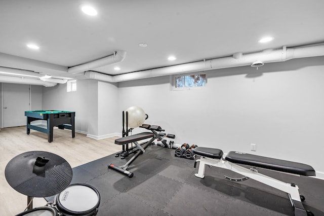 workout area featuring recessed lighting, baseboards, wood finished floors, and pool table