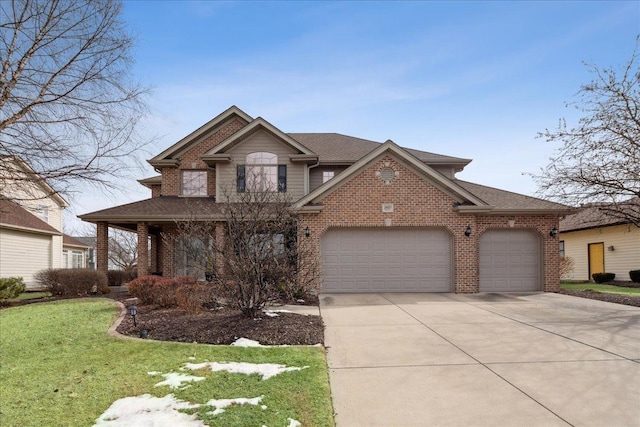 view of front facade featuring a garage, driveway, brick siding, roof with shingles, and a front yard