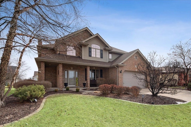 view of front of property with driveway, brick siding, a chimney, and a front yard