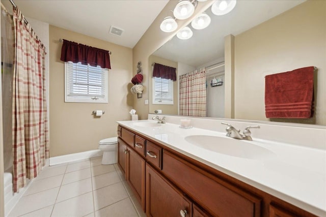 bathroom featuring toilet, tile patterned flooring, visible vents, and a sink