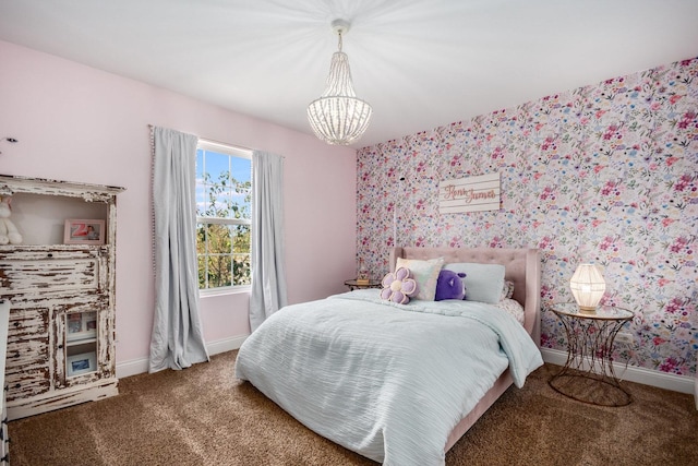 carpeted bedroom featuring baseboards, a chandelier, and wallpapered walls