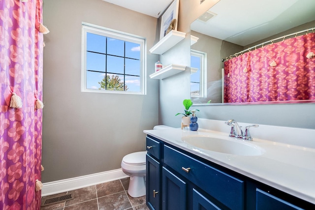 full bath featuring visible vents, toilet, vanity, baseboards, and tile patterned floors