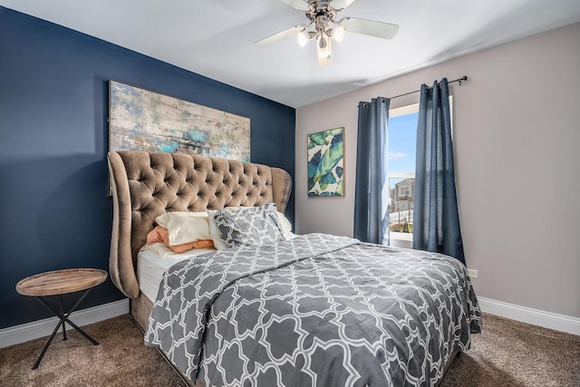 bedroom featuring ceiling fan, carpet, and baseboards