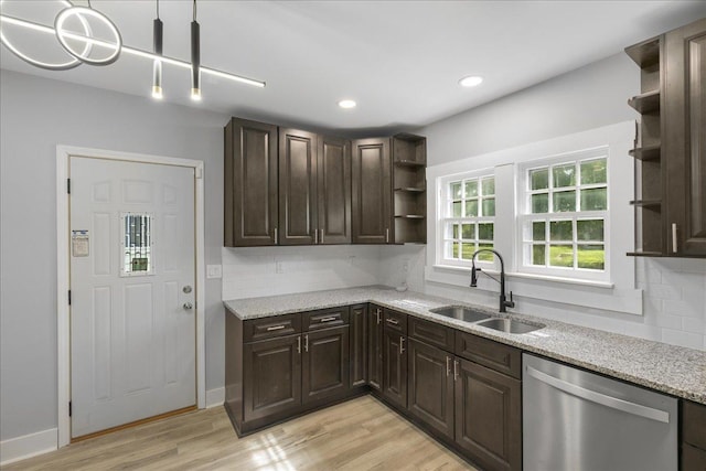 kitchen with a sink, dark brown cabinets, open shelves, and stainless steel dishwasher