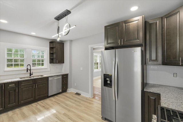 kitchen featuring appliances with stainless steel finishes, a sink, decorative backsplash, and dark brown cabinets