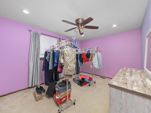 bedroom with ceiling fan, baseboards, carpet flooring, and recessed lighting