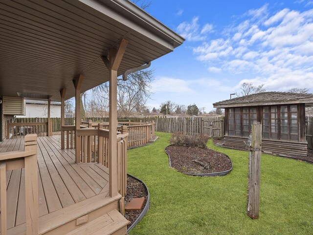 view of yard with fence private yard and a wooden deck