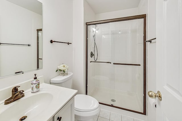 full bath featuring tile patterned flooring, a shower stall, toilet, and vanity