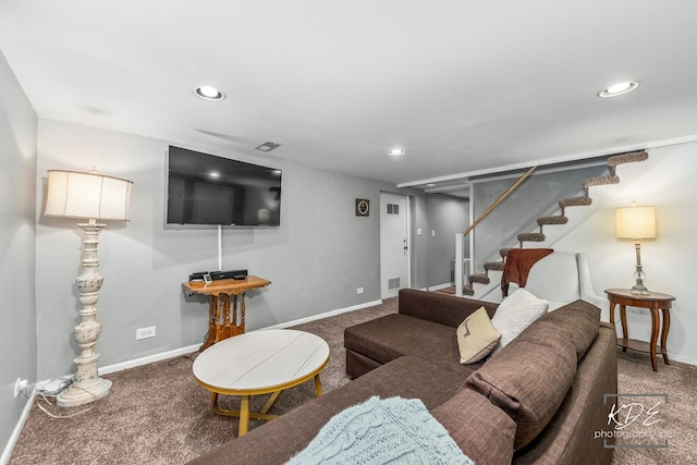 carpeted living room featuring recessed lighting, visible vents, baseboards, and stairs