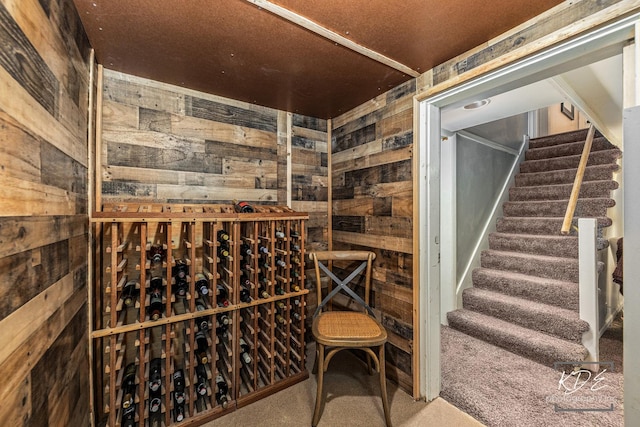 wine cellar with carpet and wooden walls