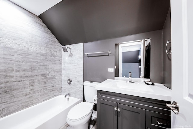 full bath with toilet, washtub / shower combination, vaulted ceiling, and vanity