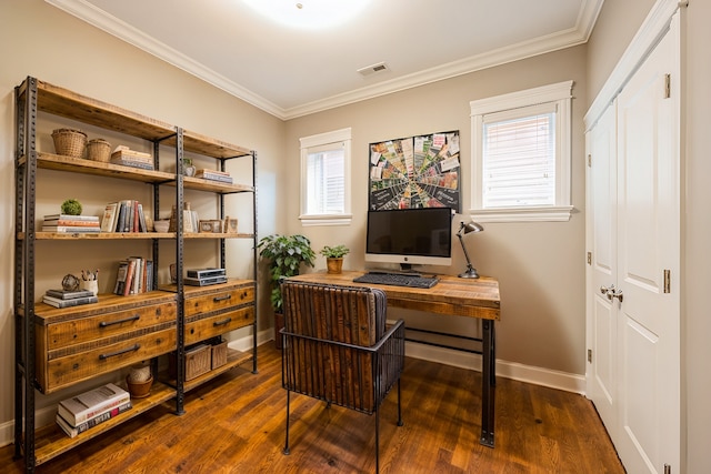 home office with visible vents, baseboards, dark wood-style floors, and ornamental molding