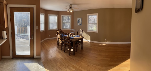 dining area featuring ceiling fan, wood finished floors, and baseboards