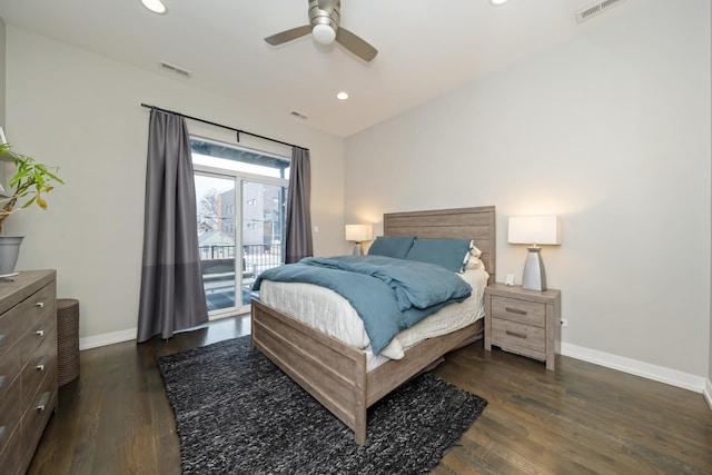 bedroom with access to exterior, baseboards, visible vents, and recessed lighting