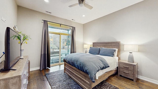 bedroom with access to exterior, baseboards, visible vents, and dark wood finished floors