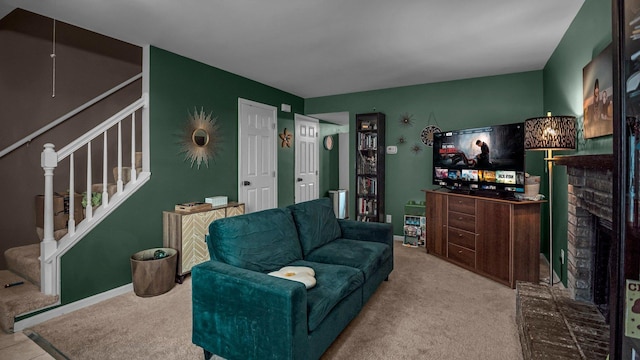 living room with carpet, stairway, and baseboards