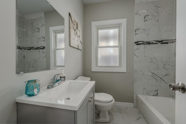 full bath with toilet, marble finish floor, vanity, and baseboards