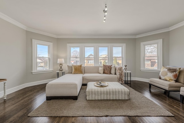 living room featuring ornamental molding, dark wood finished floors, and baseboards