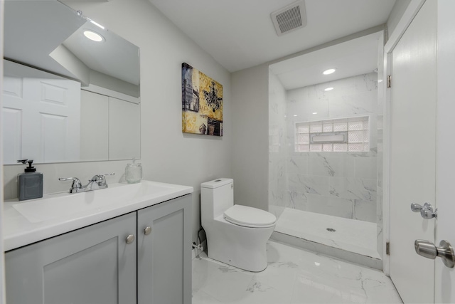 full bathroom with toilet, marble finish floor, a marble finish shower, and visible vents