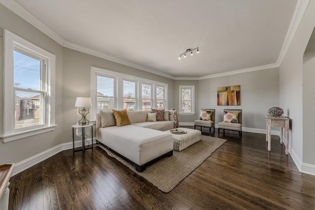 bedroom featuring ornamental molding, dark wood-style flooring, and baseboards