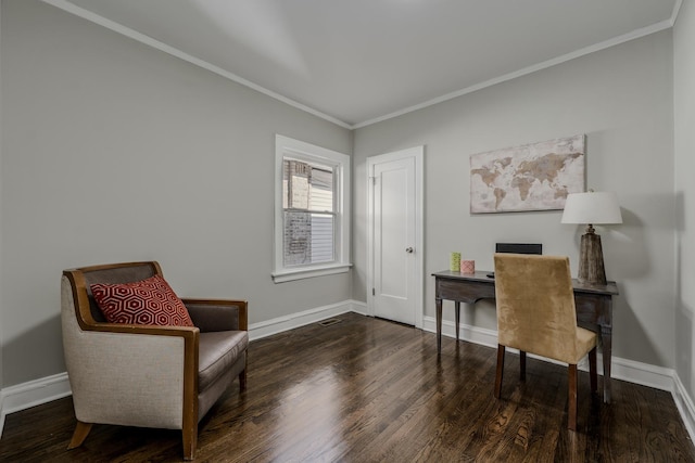 home office featuring ornamental molding, wood finished floors, and baseboards