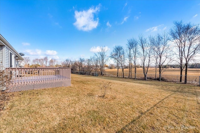 view of yard with fence and a wooden deck