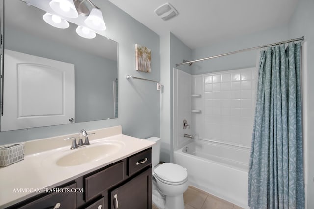 full bath with shower / bath combo, visible vents, toilet, tile patterned floors, and vanity