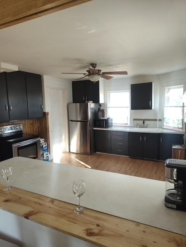 kitchen featuring light wood-style floors, plenty of natural light, appliances with stainless steel finishes, and dark cabinets