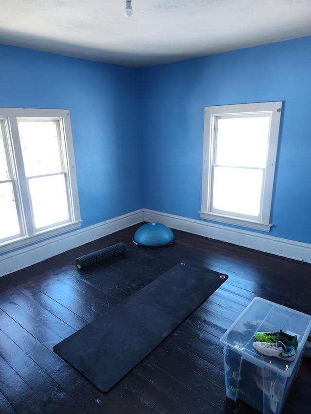 workout area featuring a healthy amount of sunlight, baseboards, and hardwood / wood-style floors