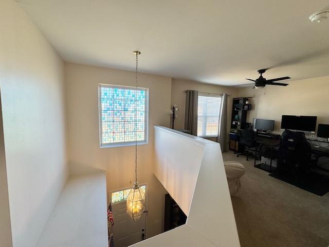 office featuring ceiling fan with notable chandelier and carpet floors