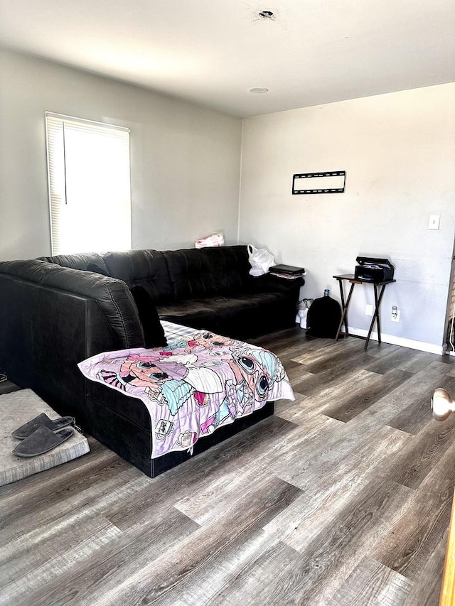 living room featuring wood finished floors and baseboards