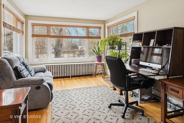 office space featuring radiator and wood finished floors