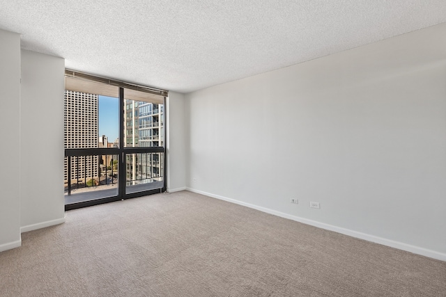 unfurnished room featuring a textured ceiling, a wall of windows, baseboards, and carpet floors