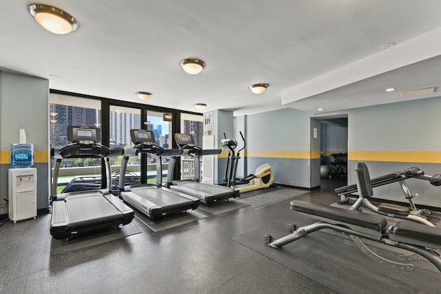 exercise room featuring a wall of windows and baseboards