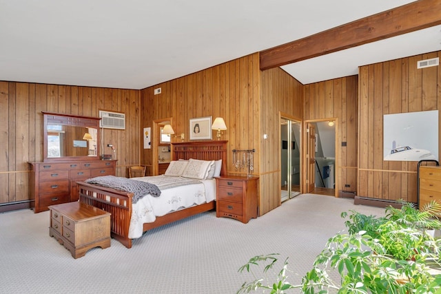 carpeted bedroom featuring wood walls, visible vents, an AC wall unit, a closet, and beamed ceiling