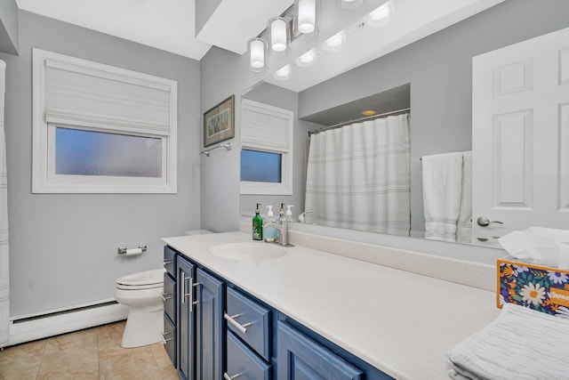 full bath featuring tile patterned flooring, toilet, vanity, baseboard heating, and a shower with curtain